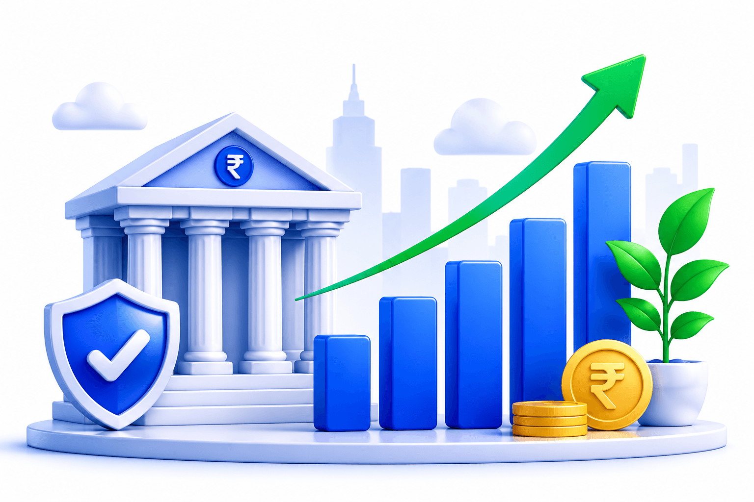 Bank building with growth chart illustration