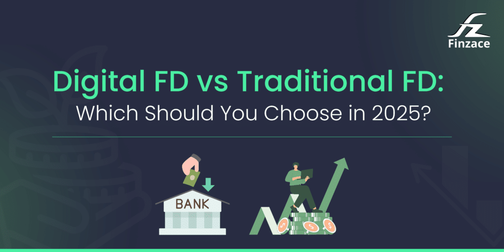 Digital FD vs Traditional FD comparison with Finzace logo. Shows a bank building and a growth chart, symbolizing different investment returns.