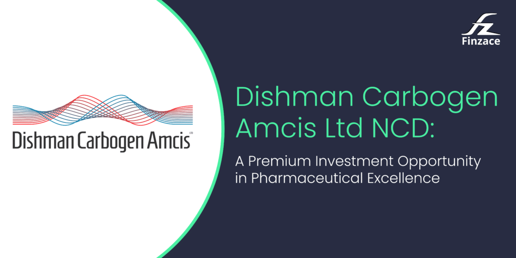 Dishman Carbogen Amcis logo, featuring stylized red and blue lines forming an abstract shape