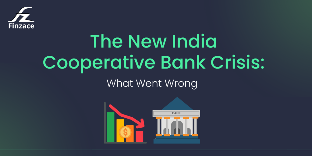 Graphic of a bank building with a downward-trending arrow and rupee symbol, representing the New India Cooperative Bank crisis and its impact on depositors. Finzace logo at the top.