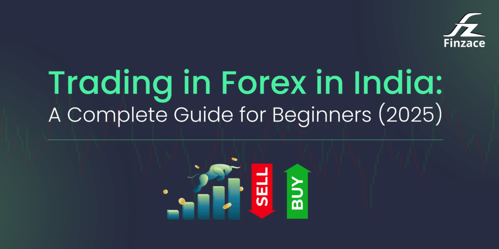 Forex trading chart with "SELL" and "BUY" buttons, overlaid on an upward trending graph. Finzace logo in the upper right corner.