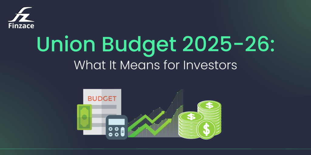 A graphic depicting the Indian Union Budget 2025-26, highlighting key figures and themes relevant to investors. It features visuals like a budget document, calculator, upward trending graph, and stacks of coins, alongside text summarizing the budget's impact on various sectors.